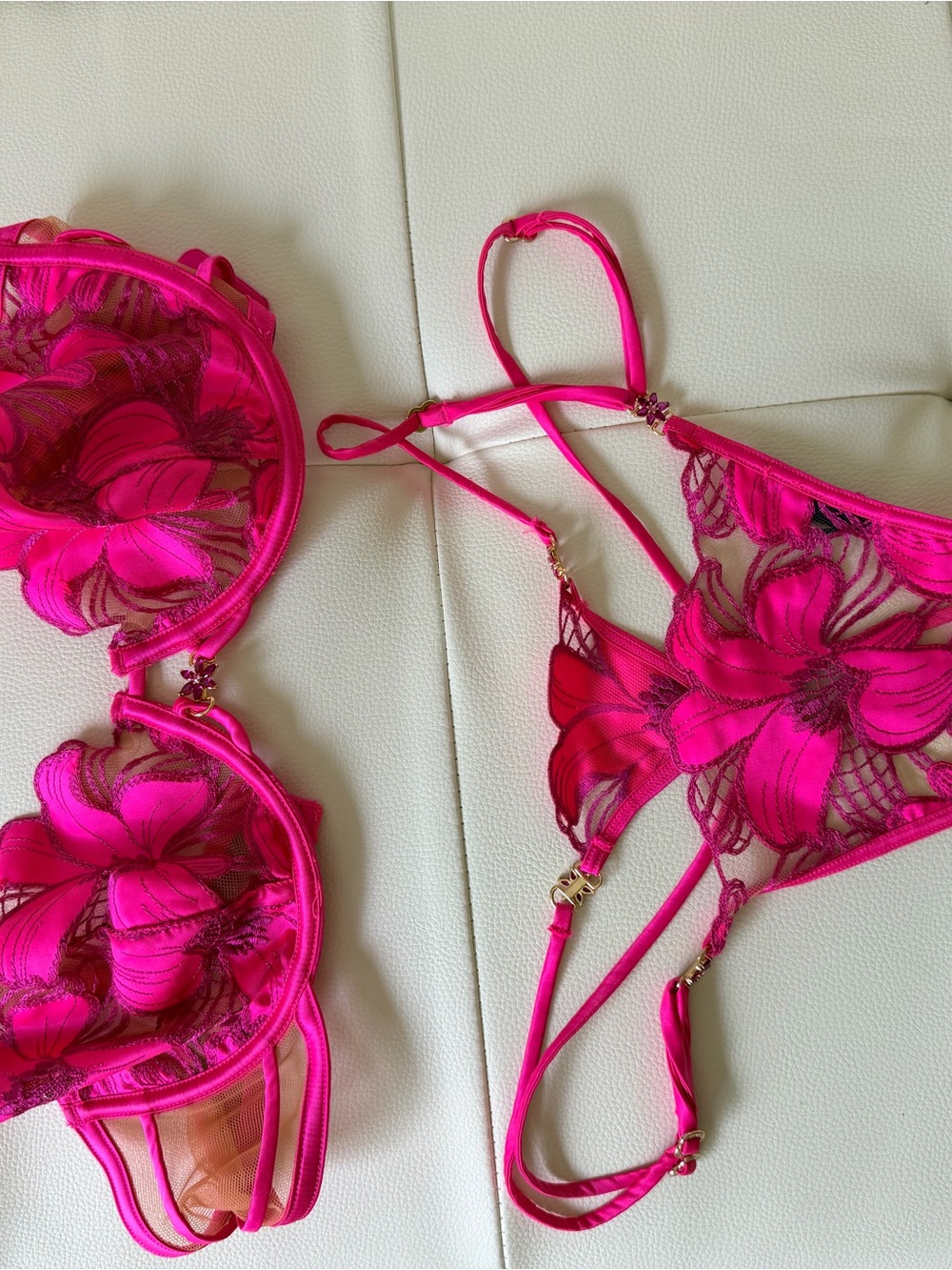 Honey Birdette 36D & L, Fuchsia Floral Lace Bra and Strappy Thong Set